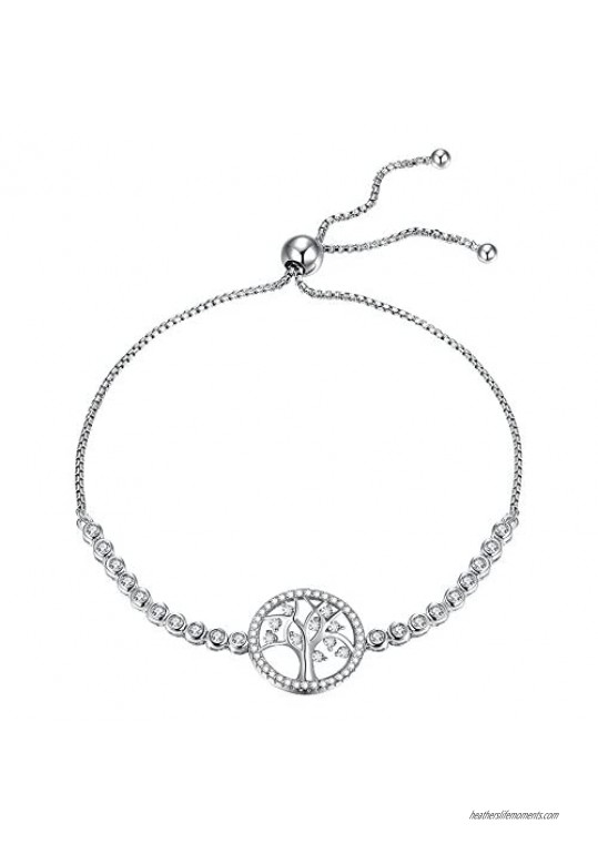 Round Tree of Life Tennis Bracelet Sterling Silver 925 Cubic Zirconia CZ Adjustable Anchor Chain 10"