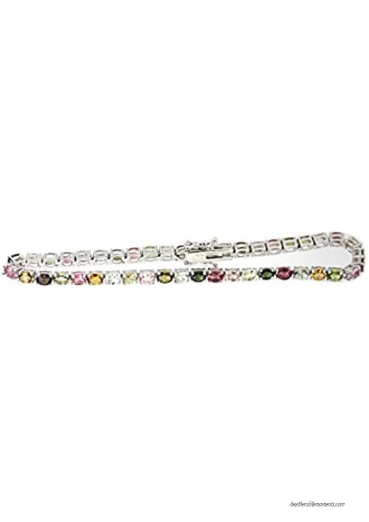 Sterling Silver Oval Natural Multicolor Gemstone Tennis Bracelet for Women