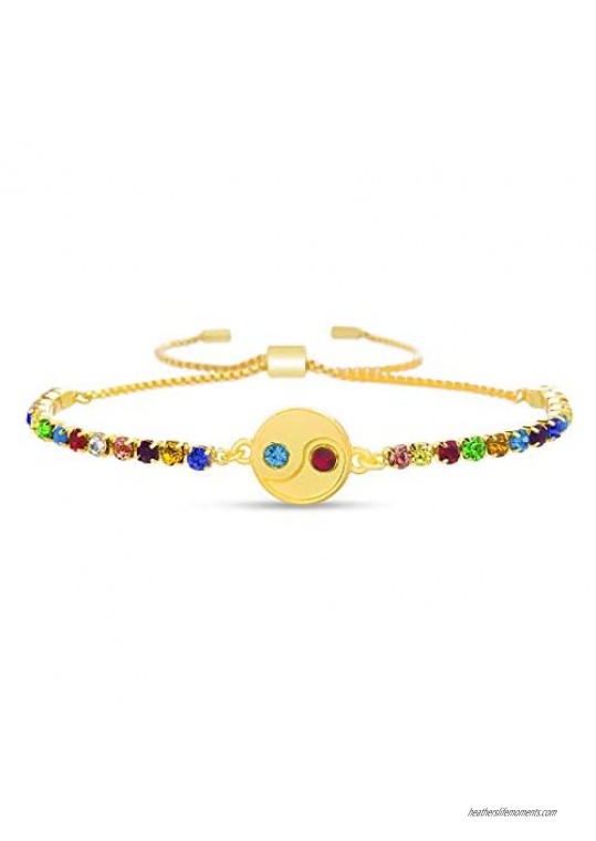Steve Madden Yellow Gold Plated Rainbow Rhinestone Yin Yang Disc Charm Adjustable Slider Bolo Bracelet for Women