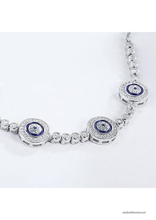 TONGZHE Blue Evil Eyes Tennis Bracelet in Sterling Silver 925 with Cubic Zirconia CZ and Adjustable 10 Box Chain
