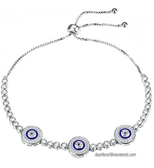TONGZHE Blue Evil Eyes Tennis Bracelet in Sterling Silver 925 with Cubic Zirconia CZ and Adjustable 10" Box Chain