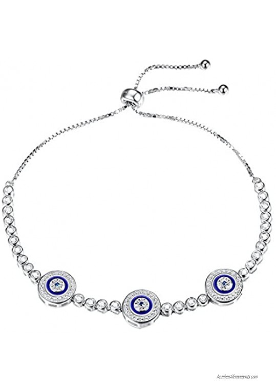 TONGZHE Blue Evil Eyes Tennis Bracelet in Sterling Silver 925 with Cubic Zirconia CZ and Adjustable 10 Box Chain