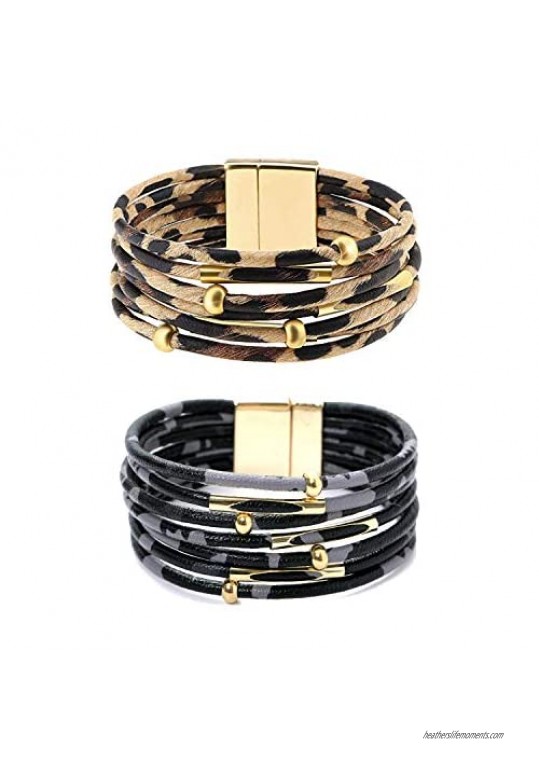 2 Pcs Leopard Multi-layer Leather Cuff Bracelet for Women Braided Handmade Wrap Bracelet Magnetic Clasp Bracelet for Girls