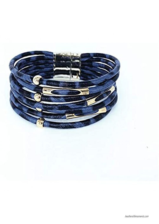4 Set Multilayer Wrap Leopard Print Bracelet Gold Plated Multiple Wristband Stackable Leopard Print Leather Beaded Elbow Magnet Clasp Charm Bracelet for Women Teen Girls Jewelry
