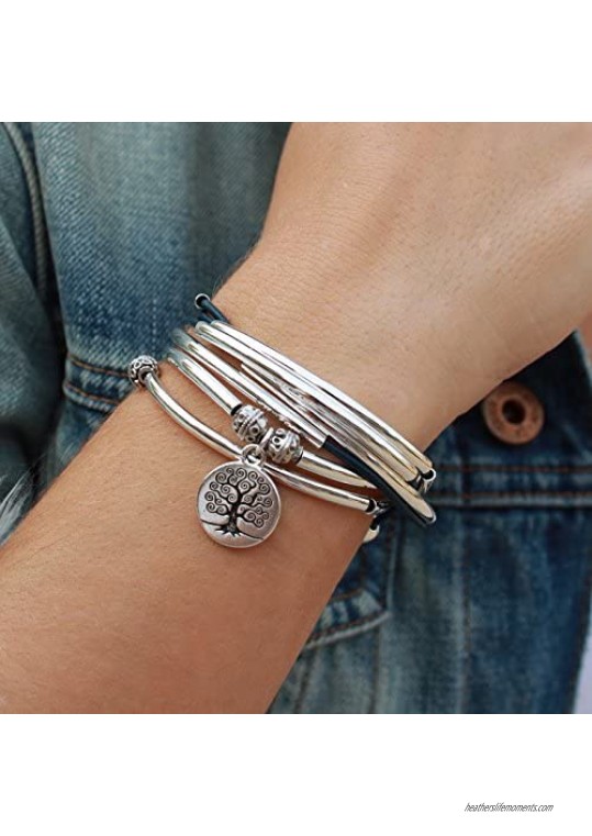 April with Tree of Life Charm Silverplate Bracelet Necklace with Gloss Navy Leather Wrap by Lizzy James