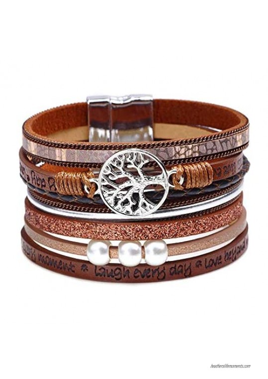 AZORA Womens Leather Wrap Bracelet Cuff Bracelets Magnetic Multi Strand Boho Bracelet Jewelry Christmas Gift for Women Daughter Mum