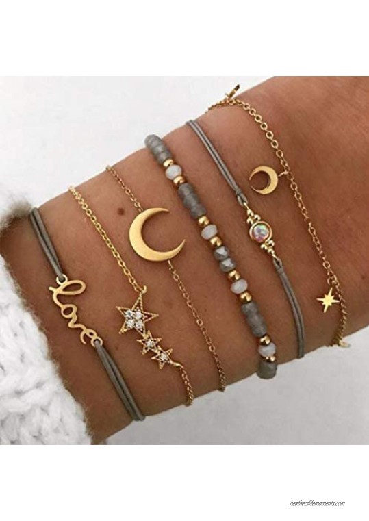 Boaccy Boho Multiple Crystal Cuff Bracelets Moon Star Wrap Bracelet Love and Beaded Bangle Brown Jewelry for Women and Girls