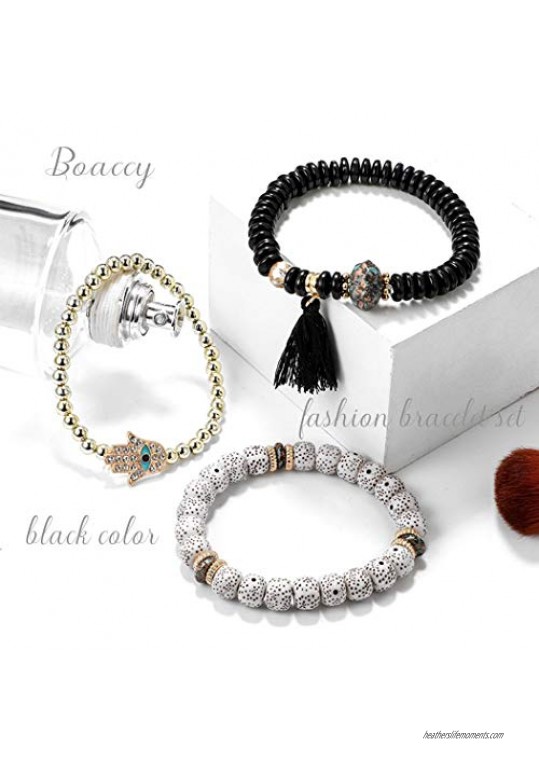 Boaccy Vintage Beaded Cuff Bracelets Layering Wrap Bangle Hand of Fatima Tassel Pendant Bracelet Jewelry for Men Women (BLACK)