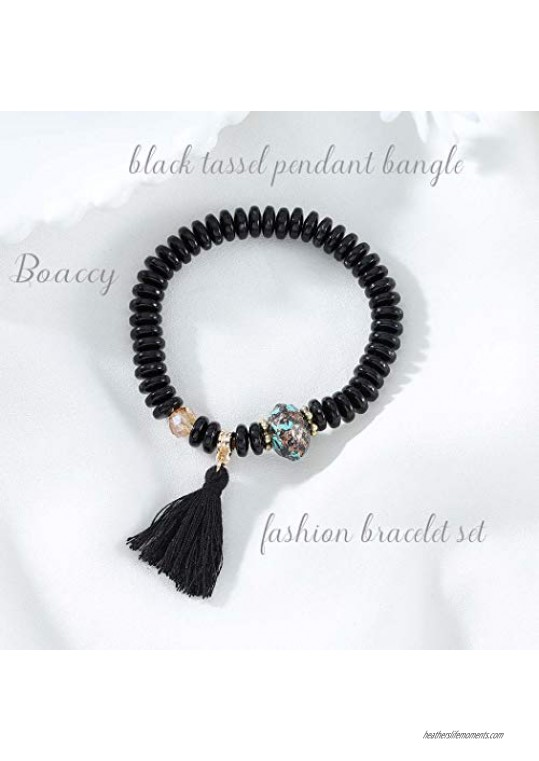 Boaccy Vintage Beaded Cuff Bracelets Layering Wrap Bangle Hand of Fatima Tassel Pendant Bracelet Jewelry for Men Women (BLACK)