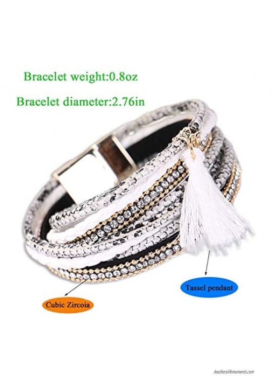 Bohemia Tassel Bracelet Cute Charm Leopard Rhinestone Multilayer Magnet Buckle Leather Bracelet wrap Clasp Bangle Bracelet for Women Girls