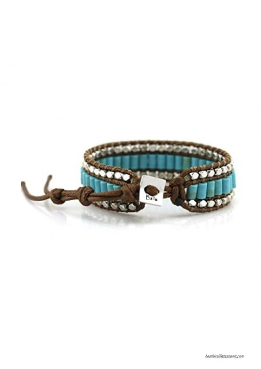 Bohemian Western Bracelet Turquoise and Silver Layered Beads with Brown Leather Wrap Bracelet Western Jewelry Wrap