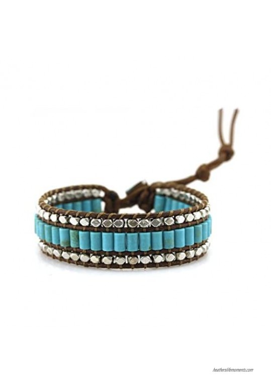 Bohemian Western Bracelet Turquoise and Silver Layered Beads with Brown Leather Wrap Bracelet Western Jewelry Wrap