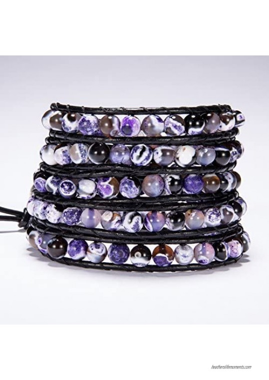 Bonnie Wrap Bracelet Leather Prayer Beads Gemstones 5 Wraps Beaded Bangle Tree of Life Jewelry for Women