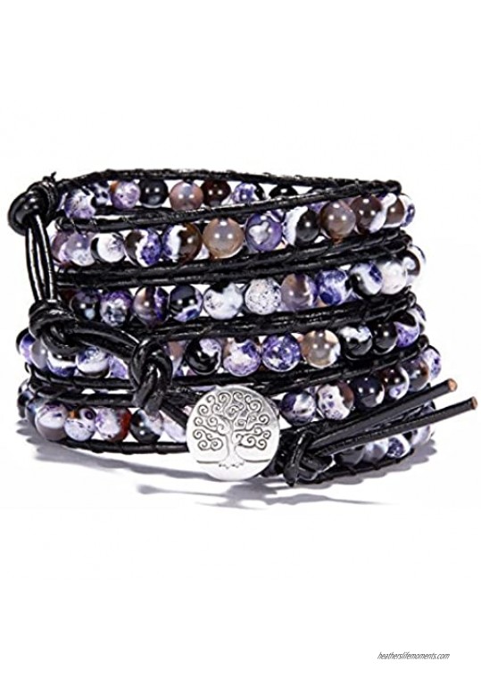 Bonnie Wrap Bracelet Leather Prayer Beads Gemstones 5 Wraps Beaded Bangle Tree of Life Jewelry for Women