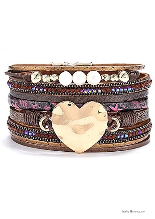 Caiyao Multi Strands Leather Cuff Bracelet Beige Wrap Bangle with Pearl Boho Jewelry for Women Teen Girl Gift
