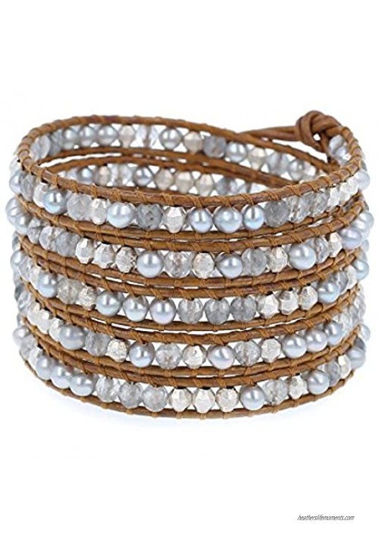 Chan Luu Grey Freshwater Pearls and Grey Semi Precious Stones Henna Color Leather Wrap Bracelet