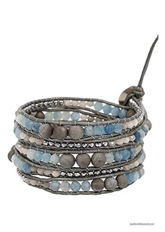 Chan Luu Silver Agate and Aquamarine Grey Mix of Semi Precious Stones Grey Leather Wrap Bracelet