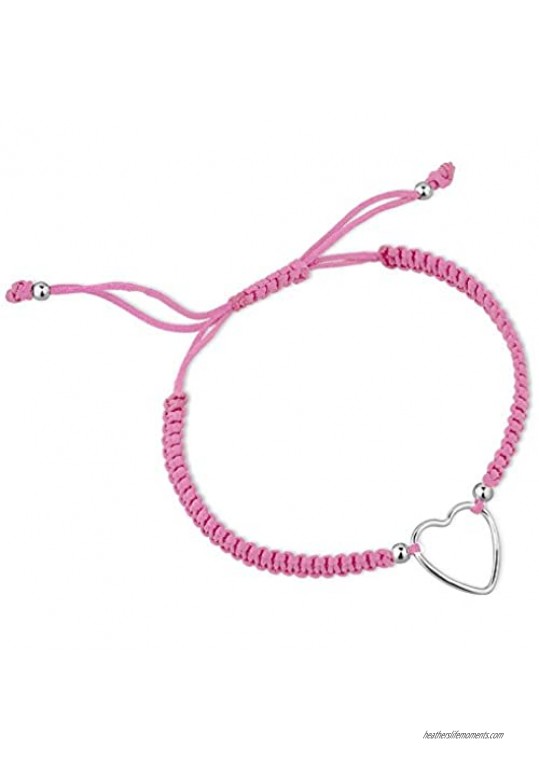 Chuvora 925 Sterling Silver Thin Line Open Heart Charm Light Pink Polyester Drawstring Wrap Bracelet  6-9"