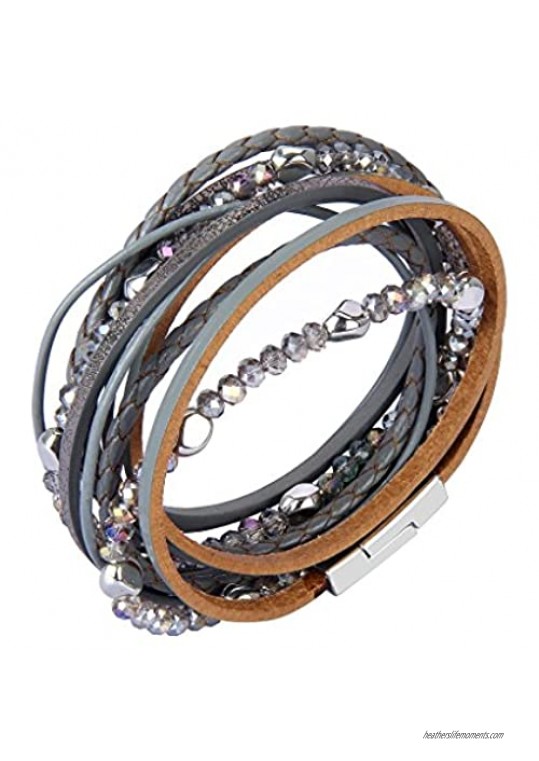 COOLLA Women’s Leather Bracelet - Handmade Jewelry Multilayer Wrap Bracelets with Bead & Magnet Clasp