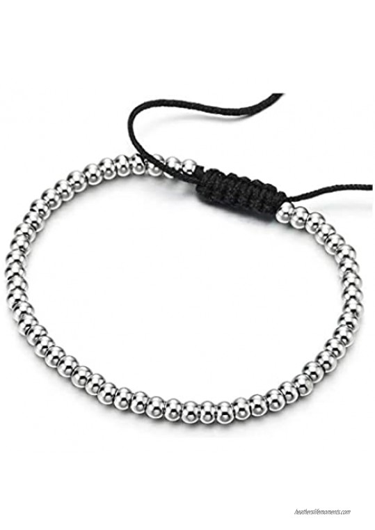 COOLSTEELANDBEYOND Mens Womens Stainless Steel Beads Chain Bracelet with Black Braided Cotton  Adjustable