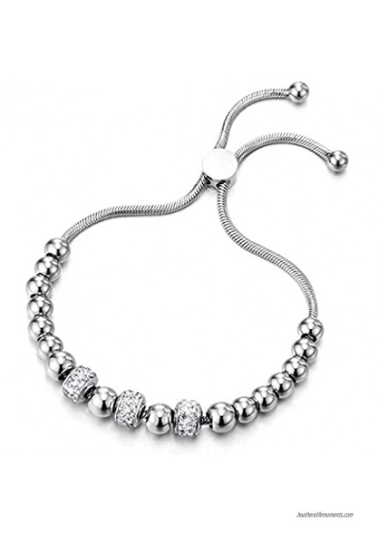 COOLSTEELANDBEYOND Womens Stainless Steel Bead Charm Bracelet with Beads String and Cubic Zirconia Adjustable
