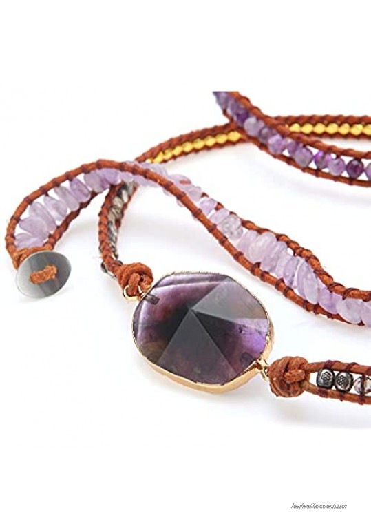 E-Star Designs 3 Wrap Leather Bracelet Necklace - Hot Mix - Inida Agate Beaded Stainless Steel Bronze Button Adjustable in Length Gift Set for Women