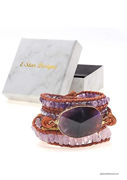 E-Star Designs 3 Wrap Leather Bracelet Necklace - Hot Mix - Inida Agate Beaded Stainless Steel Bronze Button Adjustable in Length Gift Set for Women