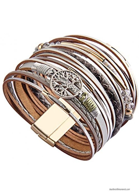 Evchris Tree of Life Leather Wrap Bracelet Multi-Layer Boho Wide Buckle Magnetic Wristband Bangle Braided Cuff Bracelets for Women Lover