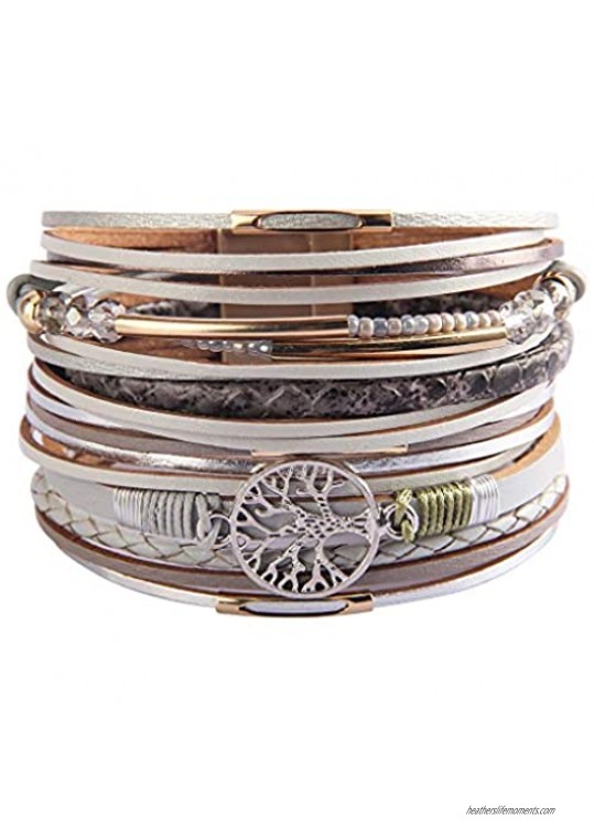 Evchris Tree of Life Leather Wrap Bracelet Multi-Layer Boho Wide Buckle Magnetic Wristband Bangle Braided Cuff Bracelets for Women Lover