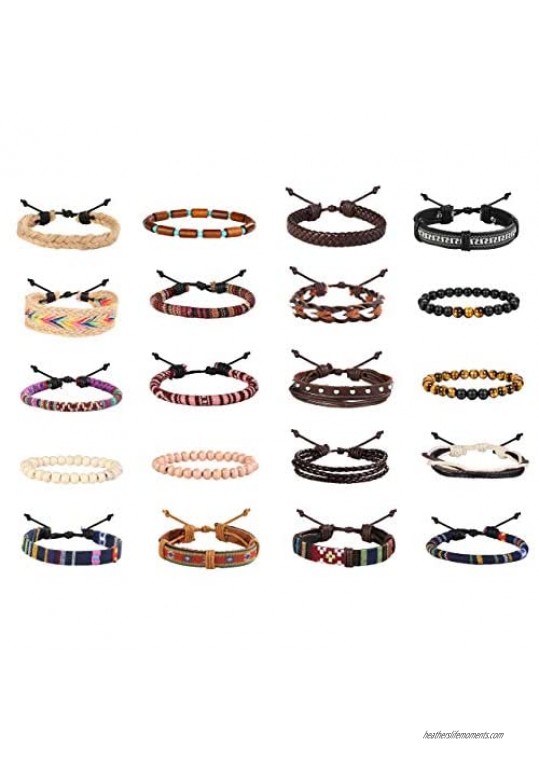 FUNRUN JEWELRY 20 Pcs Braided Bracelet Set Men Women Beads Leather Wristbands Boho Ethnic Tribal Linen Hemp Cords Wrap Bracelets String Handmade Jewelry