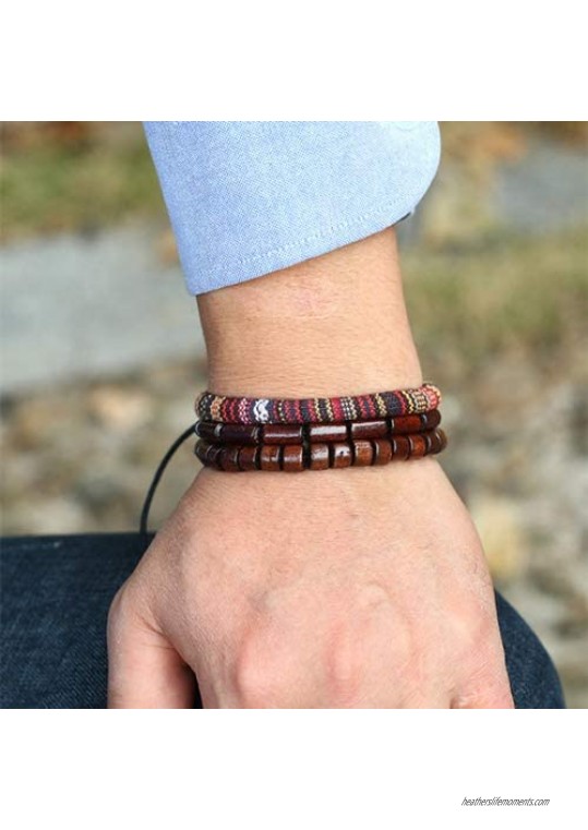 Fuqimanman2020 Brown Wrap Leather Wooden Bead Ethnic Tribal Bracelet