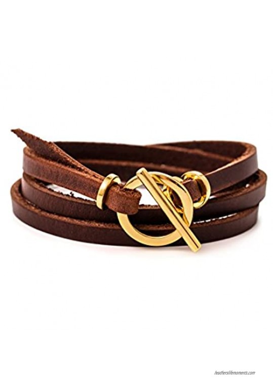 Gold Leather Bracelet for Woman Leather Wrap Bracelet with Toggle Clasp and Genuine Leather Handmade Bracelet