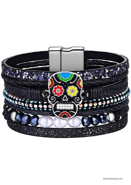 Halloween Gifts for Women Teen Girls Skulls Wrap Around Boho Buckle Stacking Multilayer Leather Wide Magnetic Layered Bracelets for Women Mom Teen Girls Grandma