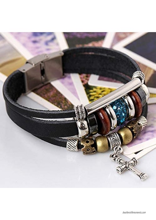Handmade Leather Bracelets Set for Men and Women Vintage Cross Beaded Braided Adjustable Wrap Cuff Bracelet