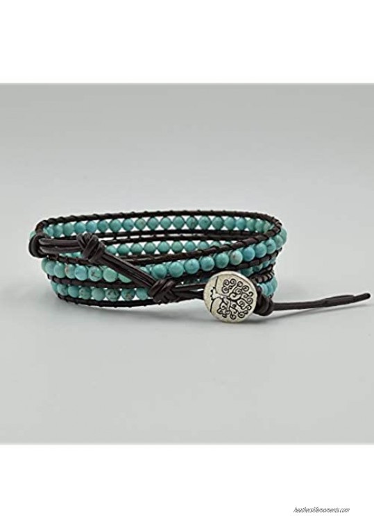 Izpack Turquoise Tree of Life Leather Wrap Bracelets for Women Teen Girls 3 Rows Beaded Natural Stone Cuffs Bangle Wrist Statement Boho Bracelet Handmade Fashion Jewelry Gifts