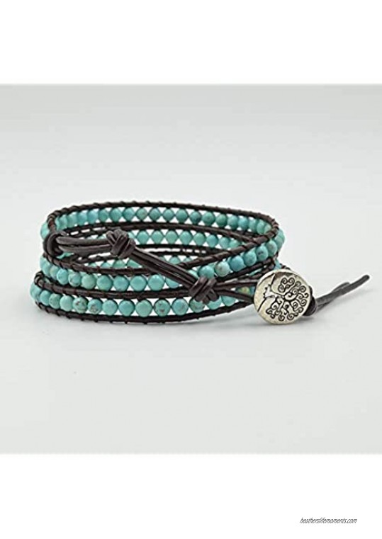 Izpack Turquoise Tree of Life Leather Wrap Bracelets for Women Teen Girls 3 Rows Beaded Natural Stone Cuffs Bangle Wrist Statement Boho Bracelet Handmade Fashion Jewelry Gifts