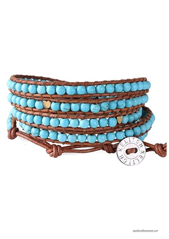 KELITCH Created Turquoise Beaded Bracelets Gold Heart 5 Wraps Bracelets Handmade New Womens Jewelry