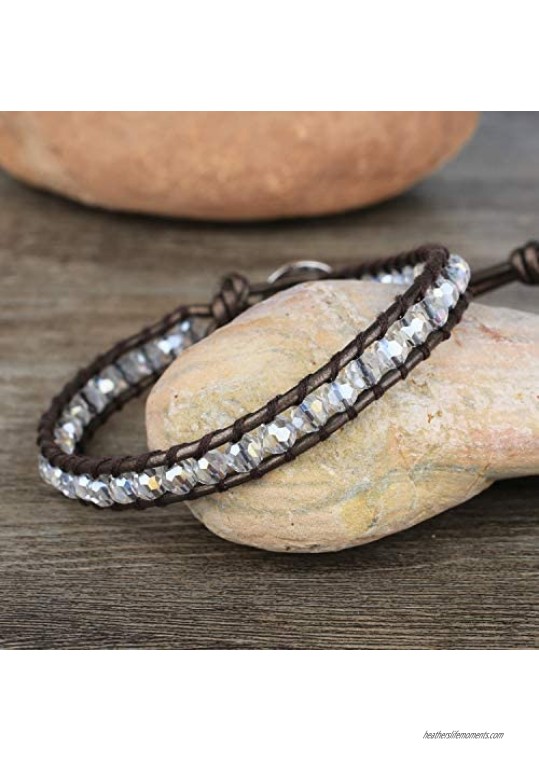 KELITCH Jade Bead Single Wrap Leather Link Bracelet Handmade Friendship New Charm Cuff Bangle Jewelry Gift for Women Mens
