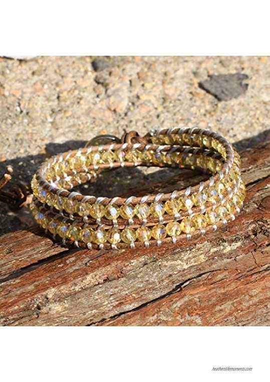 KELITCH Turquoise Beaded Leather Wrap Charm Bracelet for Men Women Men Adjustable Handmade Bangle Cuff Jewelry Gift