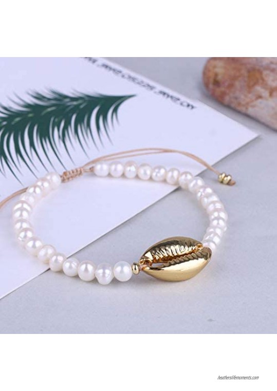 KELITCH Womens Pearl Bracelets Gold Shell Cowry Wrap Bracelets Handmade Tropical Beach Sand Friendship Bracelets Bangle