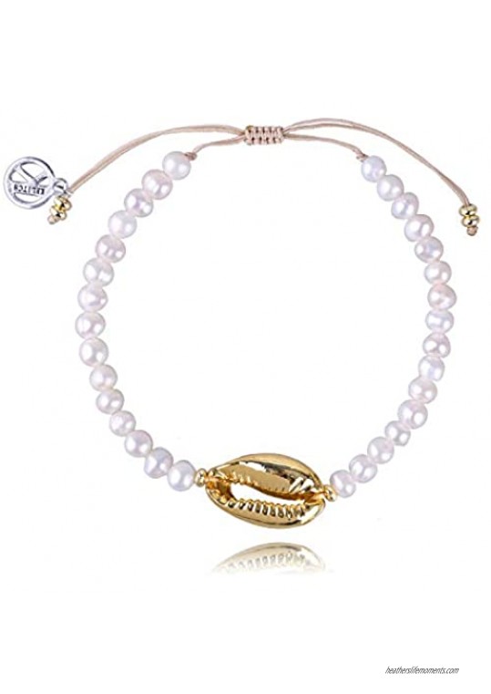 KELITCH Womens Pearl Bracelets Gold Shell Cowry Wrap Bracelets Handmade Tropical Beach Sand Friendship Bracelets Bangle