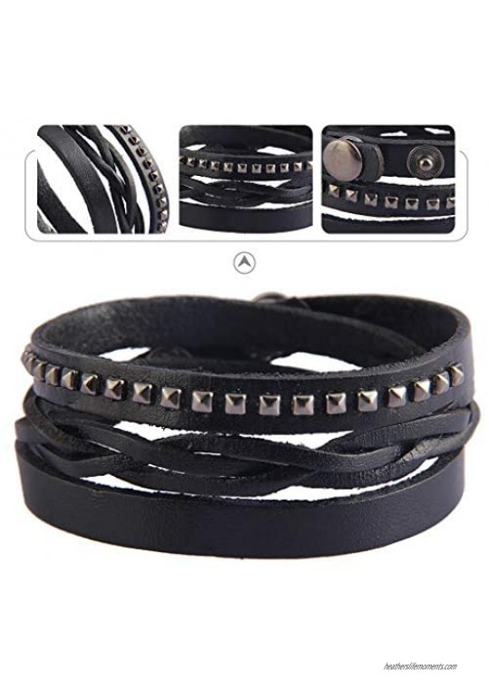 LERUCCI Clearance！ Real Leather Wrap Bracelets Genuine Leather Cuff Bracelet Bohemian Multilayer Magnetic Stacking Bracelets Handmade Wristband Gorgeous Wrap Bracelet for Women Teens Sister Gifts