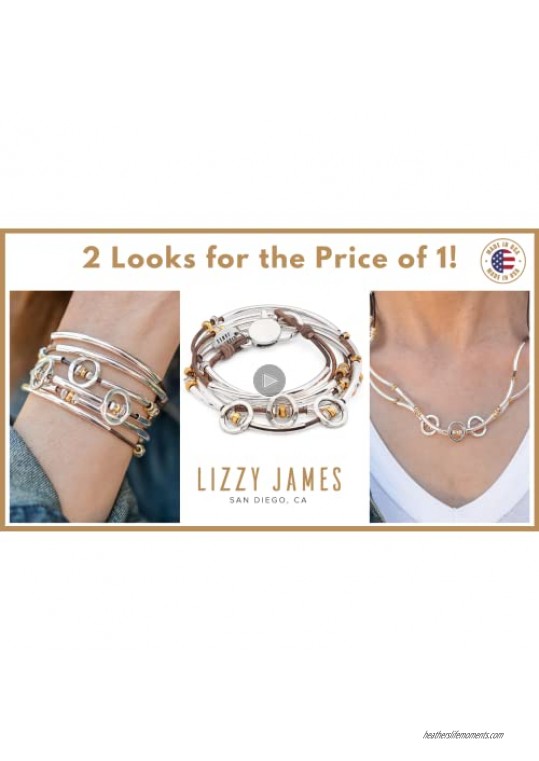 Lizzy James Beth Silver Wrap Bracelet Necklace with Silver Discs Gold Beads and Natural Brown Gray Leather