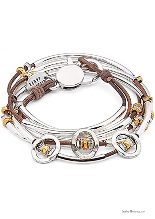 Lizzy James Beth Silver Wrap Bracelet Necklace with Silver Discs Gold Beads and Natural Brown Gray Leather