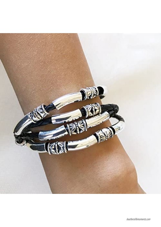 Lizzy James Mini Maxi Silver Plated Braided Leather Wrap Bracelet in Gloss Black Leather