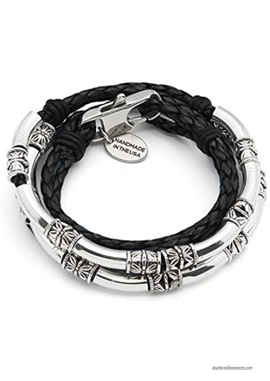 Lizzy James Mini Maxi Silver Plated Braided Leather Wrap Bracelet in Gloss Black Leather