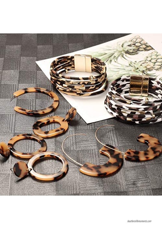 LOYALLOOK 6 Set Leopard Bracelets Acrylic Leopard Earrings Multilayer Leather Cuff Bracelet and Mottled Hoop Earrings Boho Statement Earring Earring Set