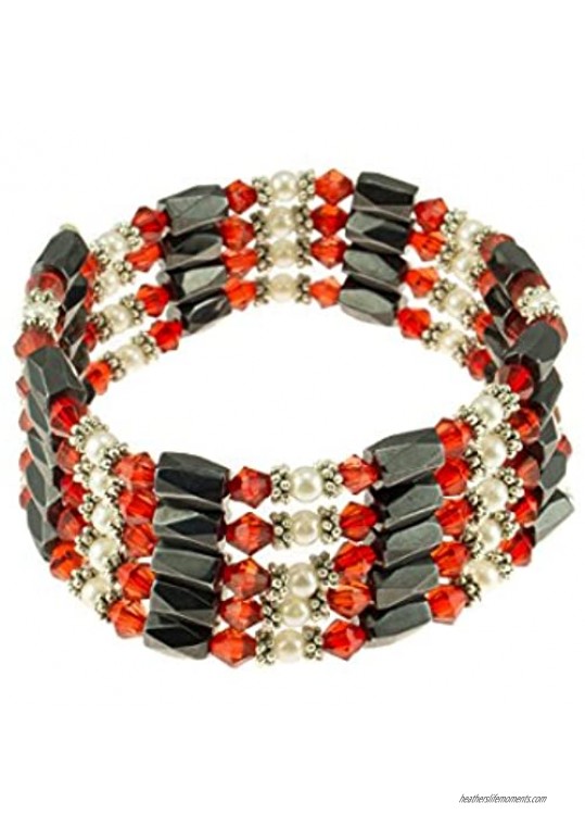 Magnetic Hematite Beaded Wrap Bracelet  Anklet or Necklace with Genuine Fresh Water Pearls & Red Beads
