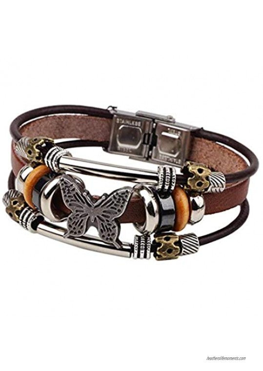 MALOYANVE Bohemian Leather Bracelets for Men and Women Vintage Punk Alloy Butterfly Key Adjustable Beaded Wrap Multilayer Braided Cuff Bangles Wristband Wrist Decor Bracelet