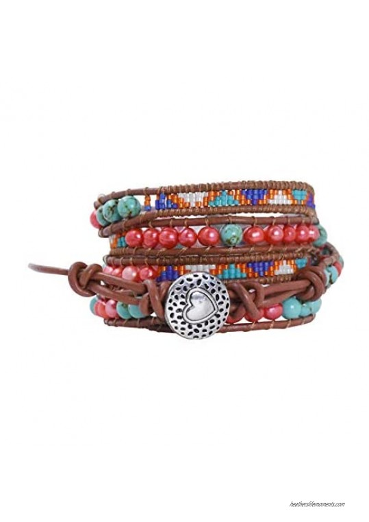 Mandala Crafts Boho Freshwater Cultured Pearl Bead Stackable Leather Wrap Bracelet Jewelry for Women